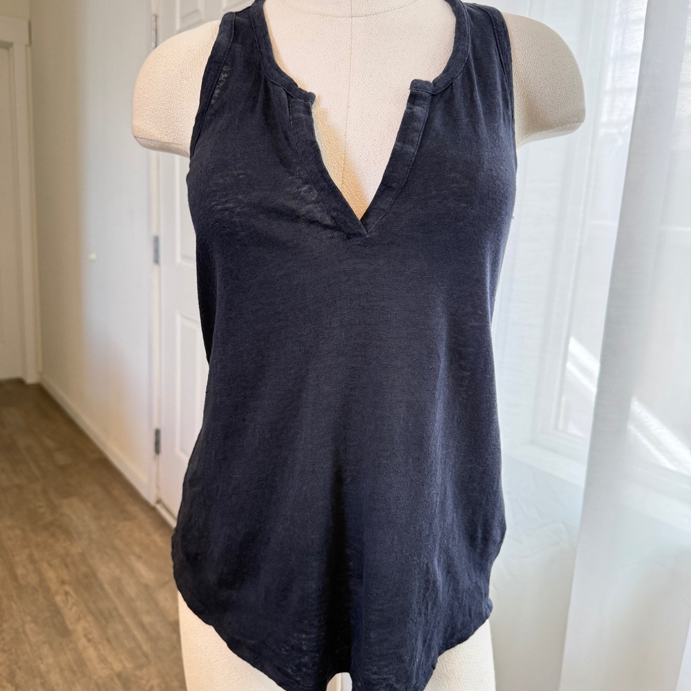 Vince Womens 100% Linen Split Neck Racerback Tank Top Small Navy Blue Slub